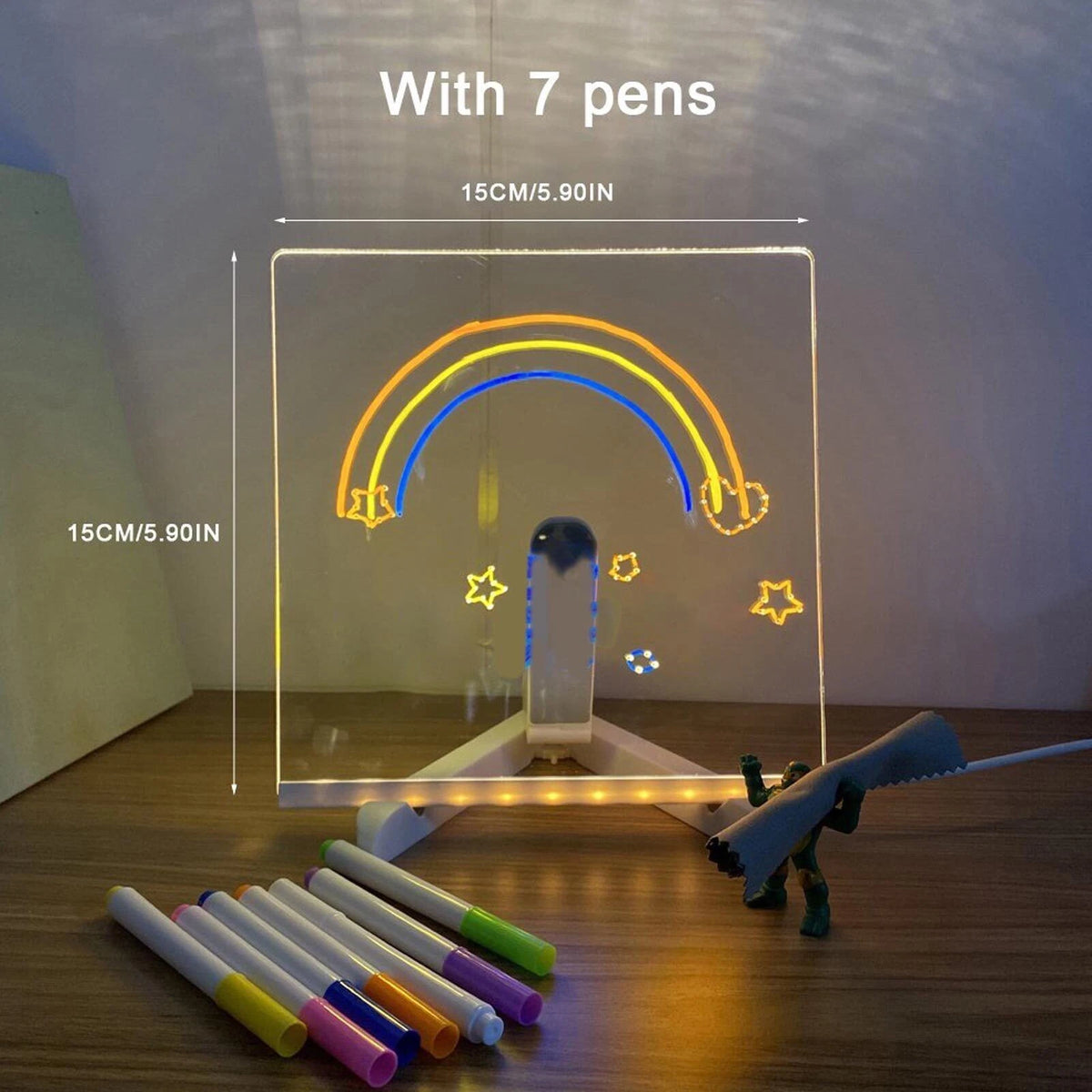Illuminated Drawing Board LED Note Board 7 Coloured Pens Acrylic Dry Erase Small