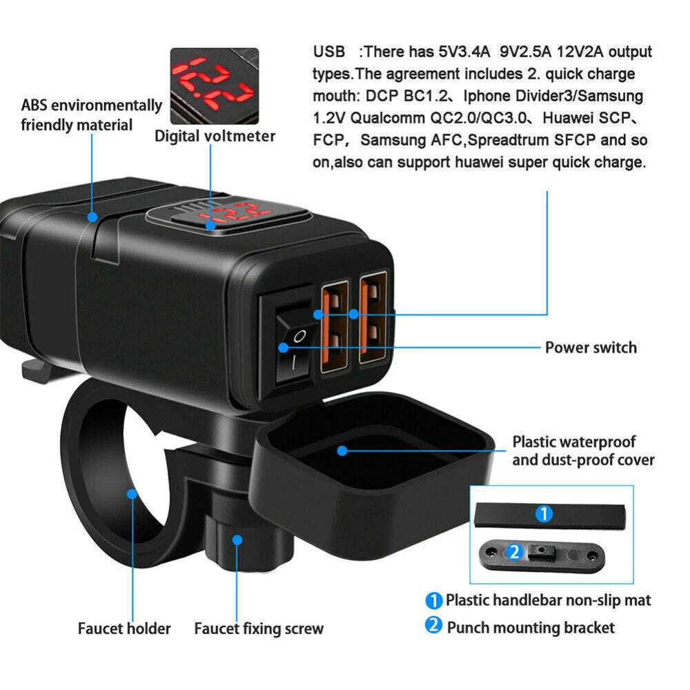12V Waterproof Motorcycle Handlebar Fast Charger Dual USB Port 3.0 Voltmeter