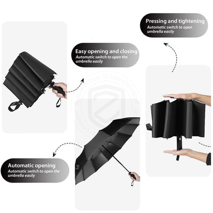 12 Ribs Anti-UV Windproof Folding Umbrella Automatic Open Close Black