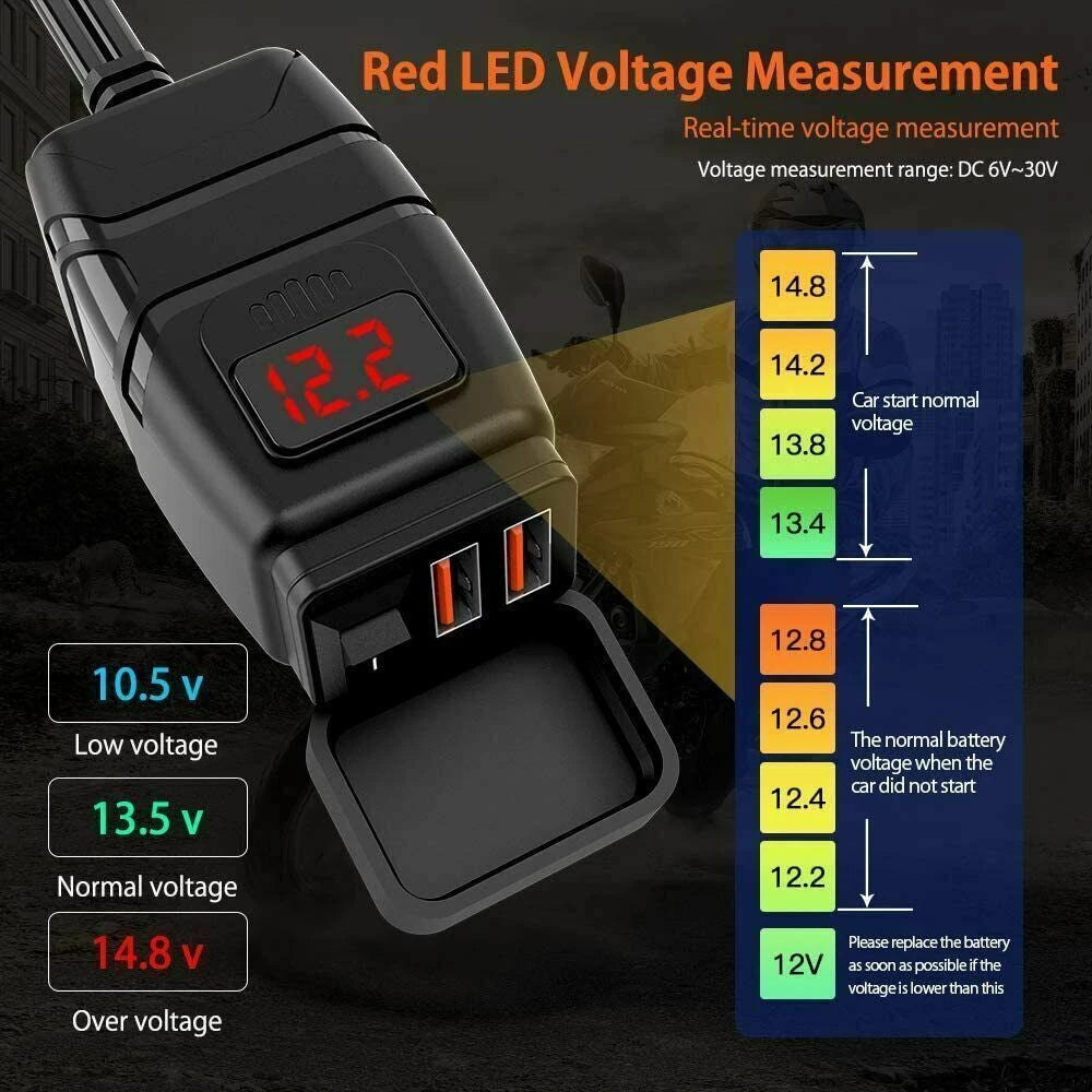12V Waterproof Motorcycle Handlebar Fast Charger Dual USB Port 3.0 Voltmeter