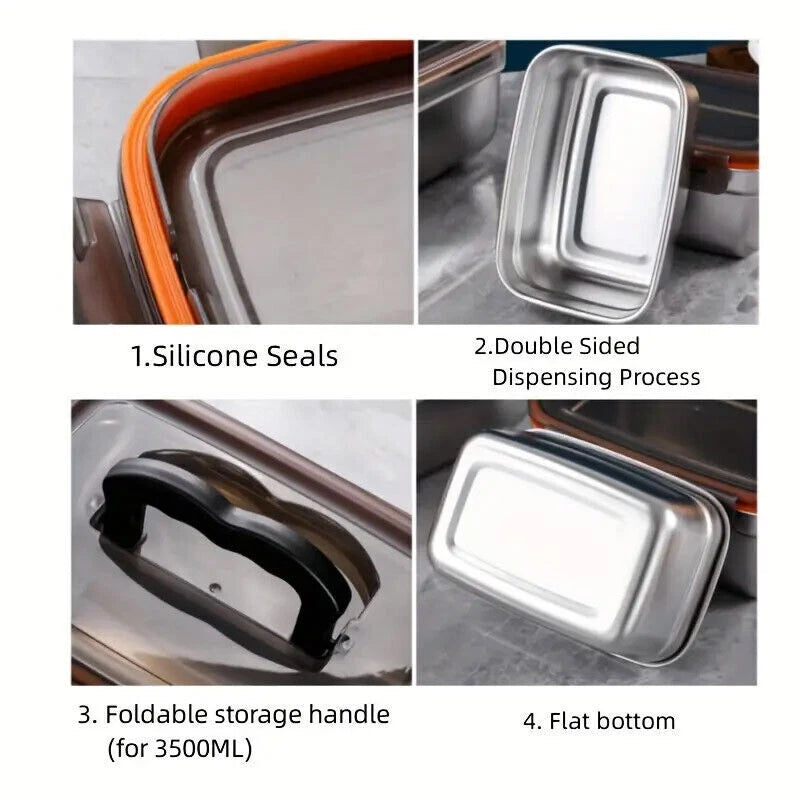 3500ml Food Storage Meal Prep Crisper Container Stainless Steel Lunch Box