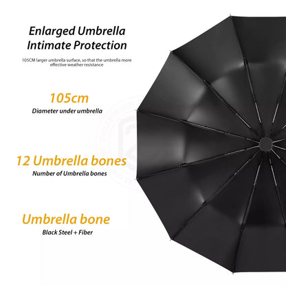 12 Ribs Anti-UV Windproof Folding Umbrella Automatic Open Close Black