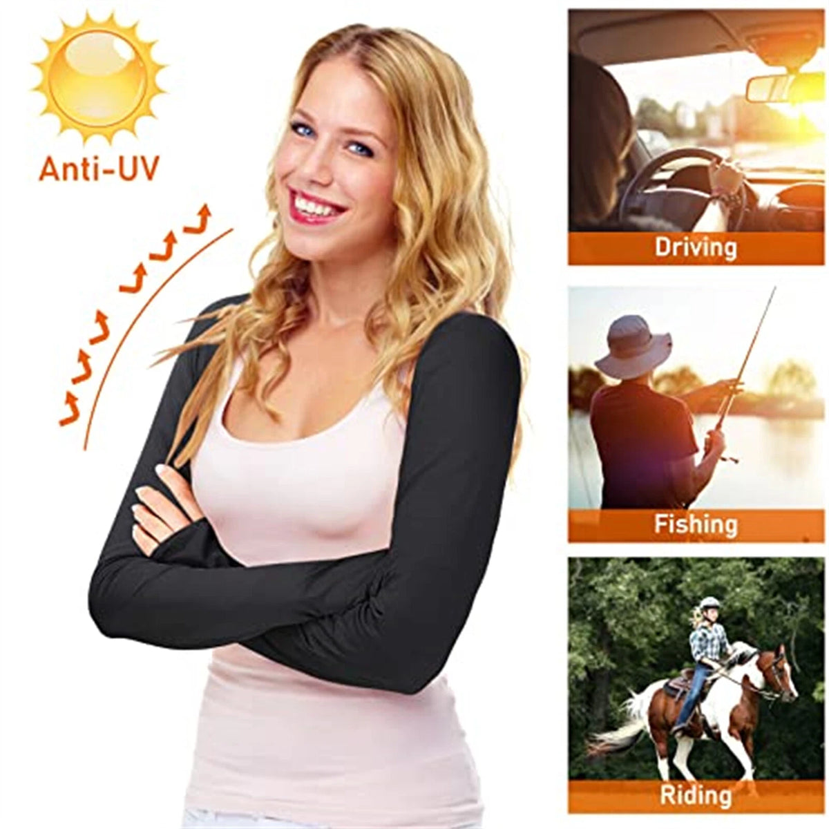Arm Cooling Shawl Finger Hole UV Sleeves Sun Protection Women Outdoor Black