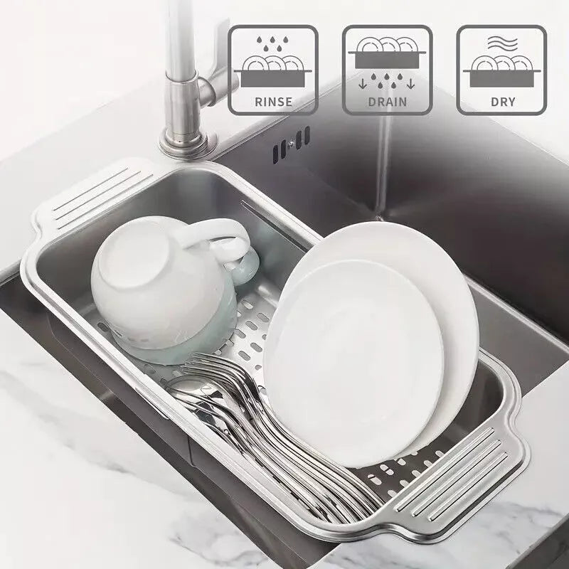 Kitchen Storage Rack Adjustable 304Stainless Steel Retractable Sink Drain Basket