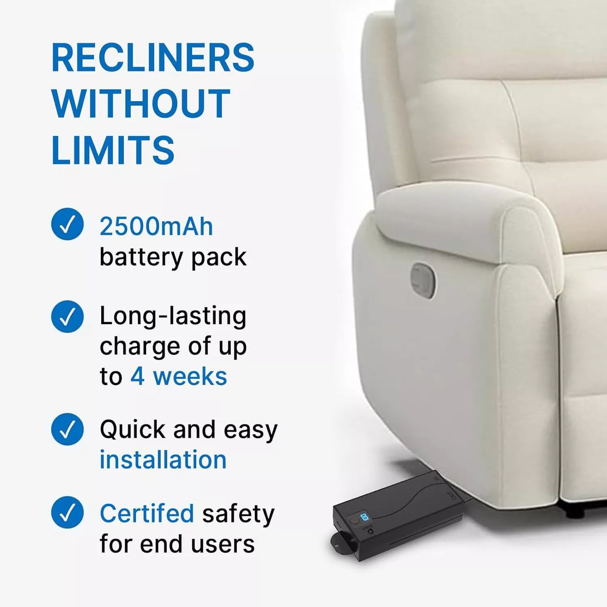 Power Recliner LED Reclining Sofa Lift Chair 2500mAH Wireless Battery Pack