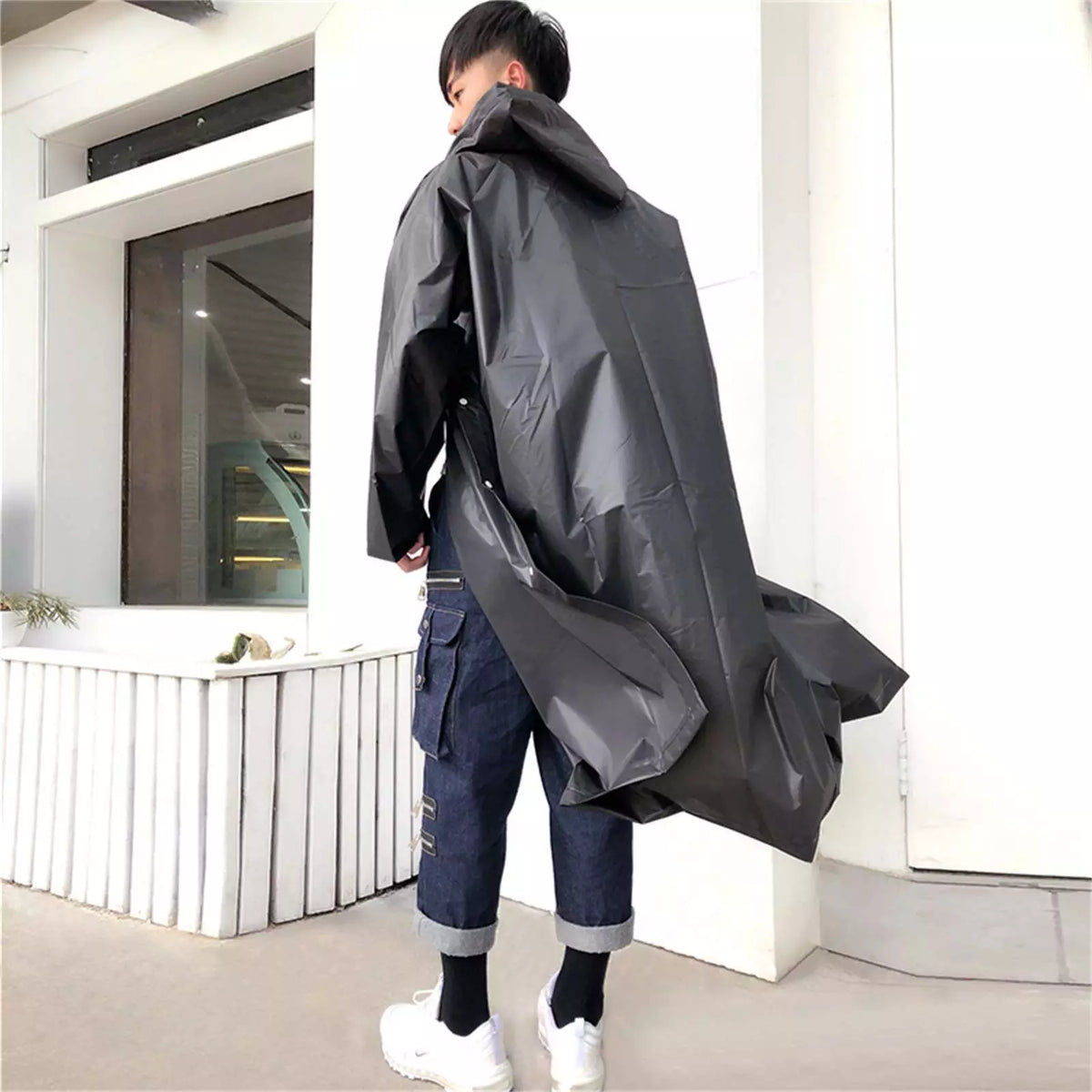 Mens Womens Long Hooded Raincoat Black Waterproof Jacket EVA Rainwear