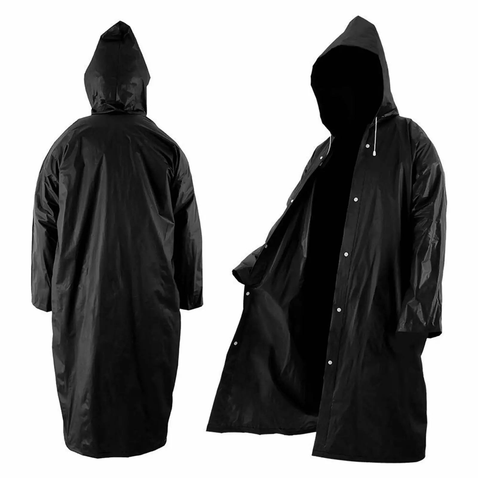 Mens Womens Long Hooded Raincoat Black Waterproof Jacket EVA Rainwear