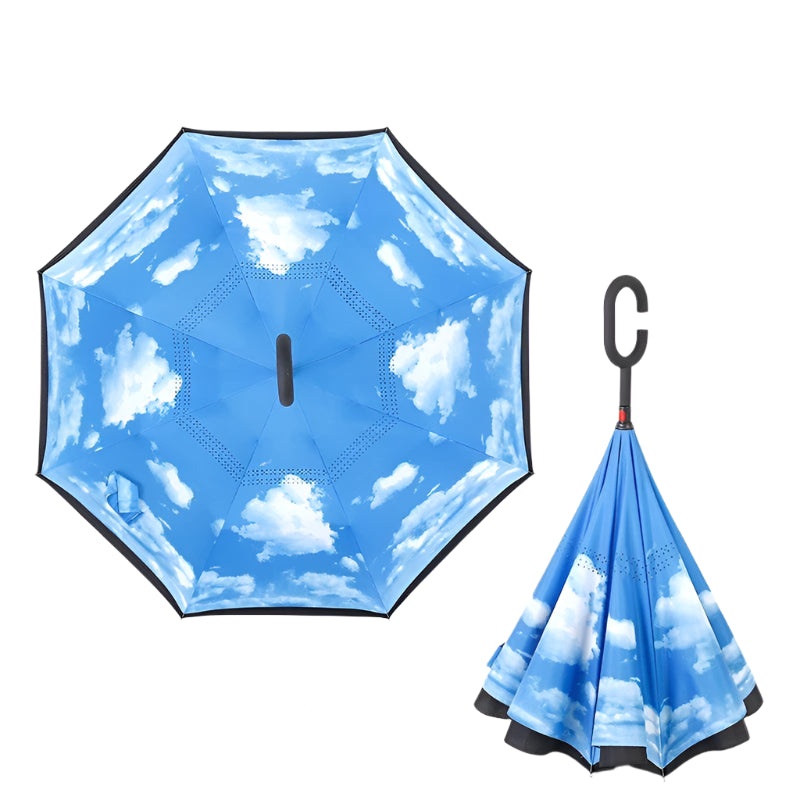 Windproof Double Layer Umbrella Reverse C-handle Upside Down Inverted Blue Sky