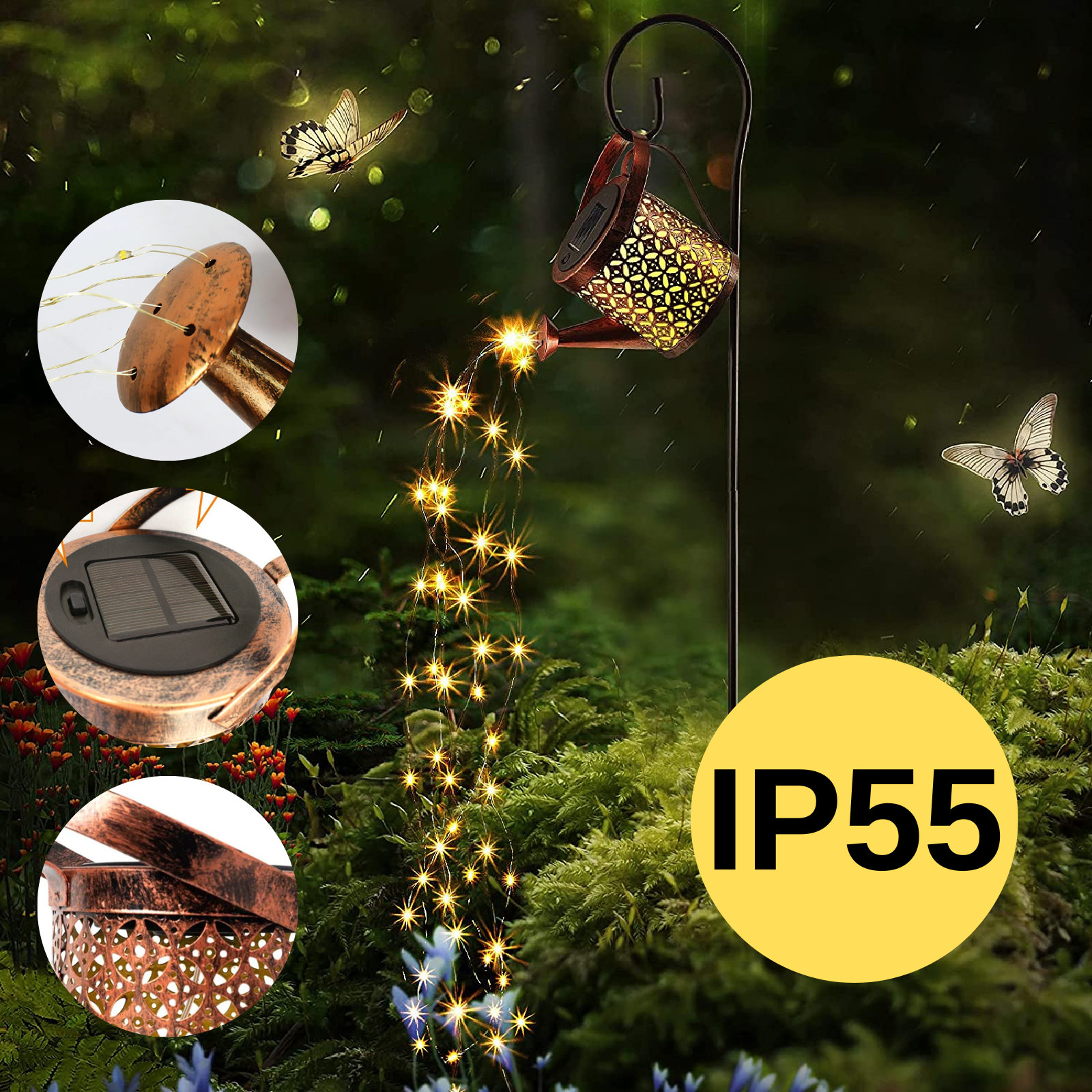 Solar LED Watering Can String Light Shower Garden Art Tree Decor Lamp Outdoor