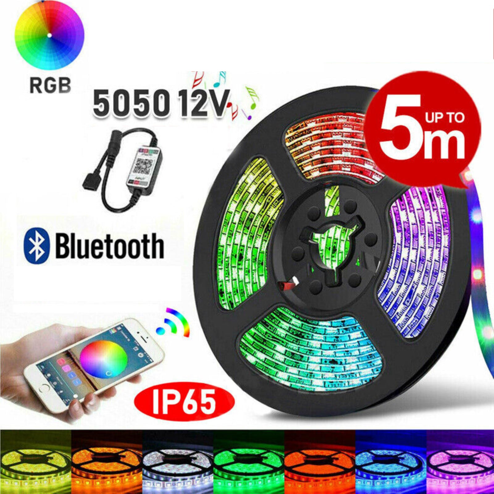 Waterproof RGB LED Strip Lights IP65 5050 5M 300 LEDs 12V + Bluetooth Controller