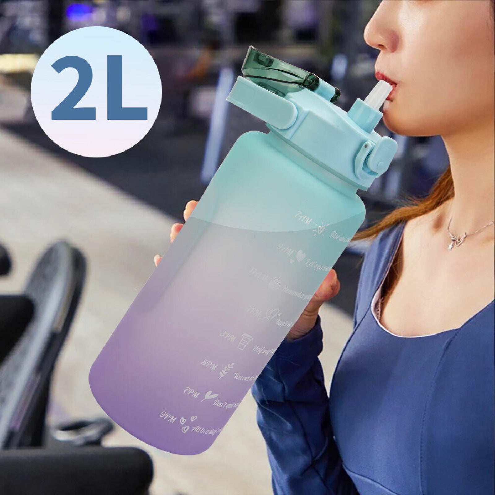 Motivational Drink Flask With Time Markings 2L Water Sports Bottle Straw Cup Gym