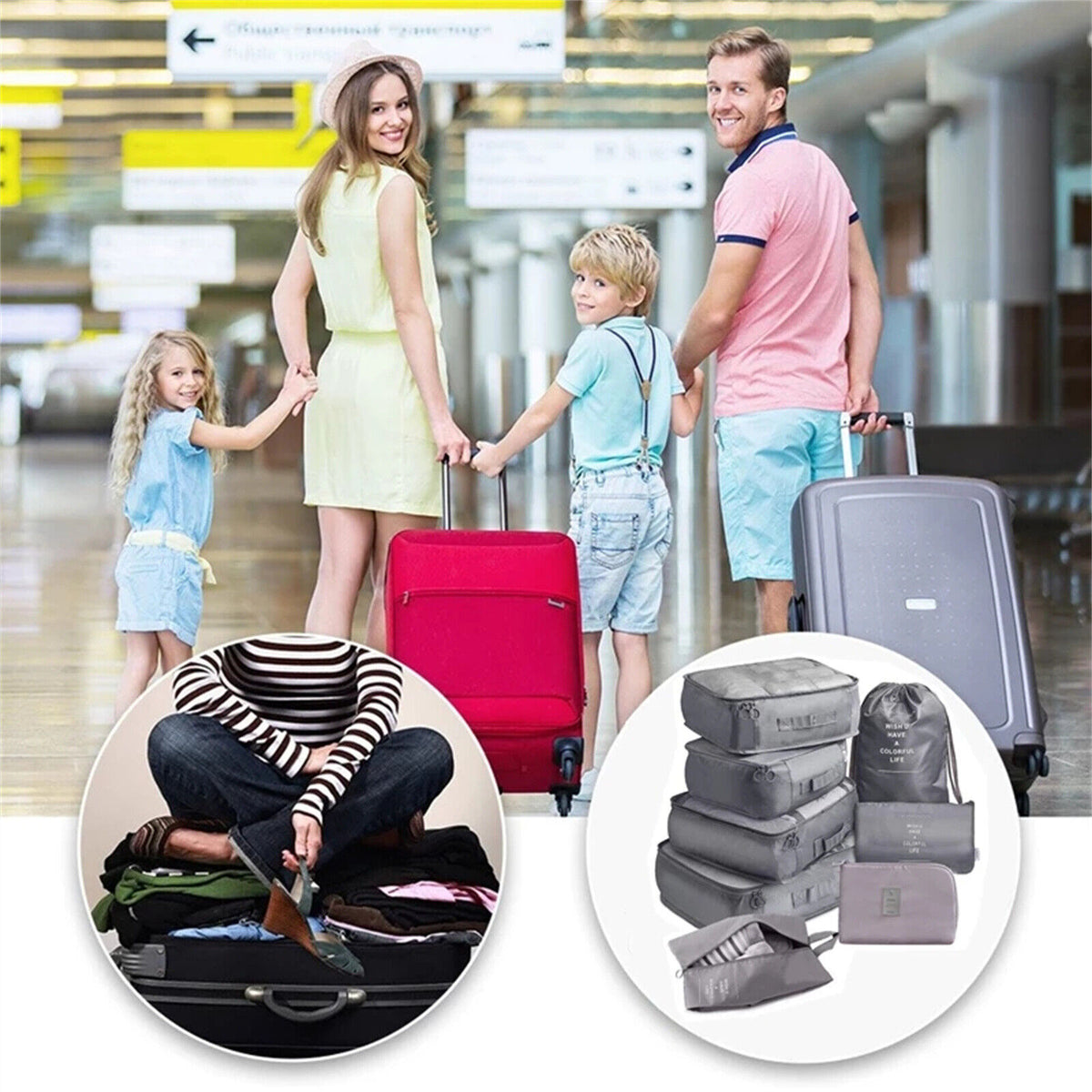 Travel Pouches Luggage Organiser Clothes Suitcase Storage Bag Packing Cubes 8pcs