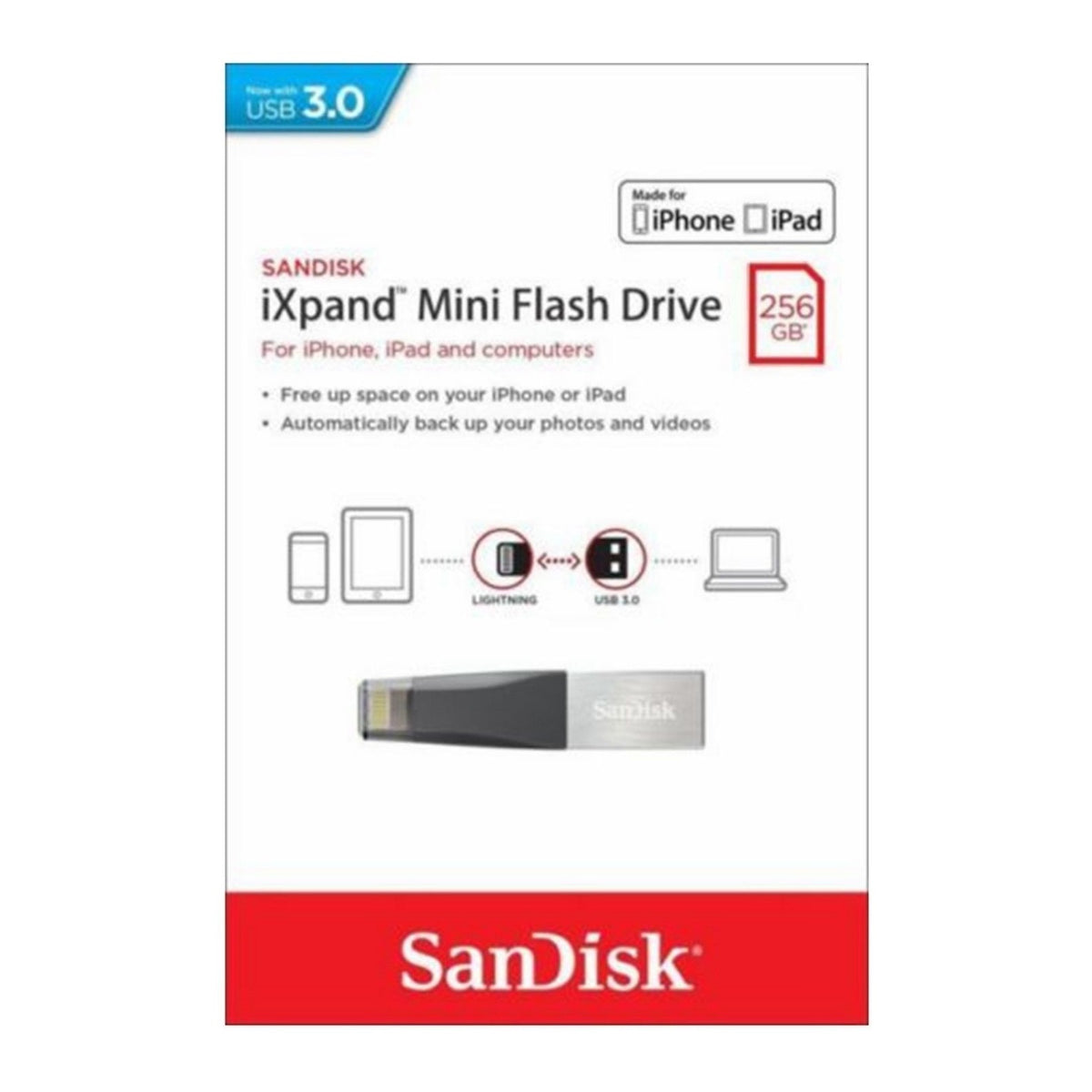 SanDisk iXpand Mini 256GB USB 3.0 Lightning Flash Drive iPhone iPad PC OTG Pen