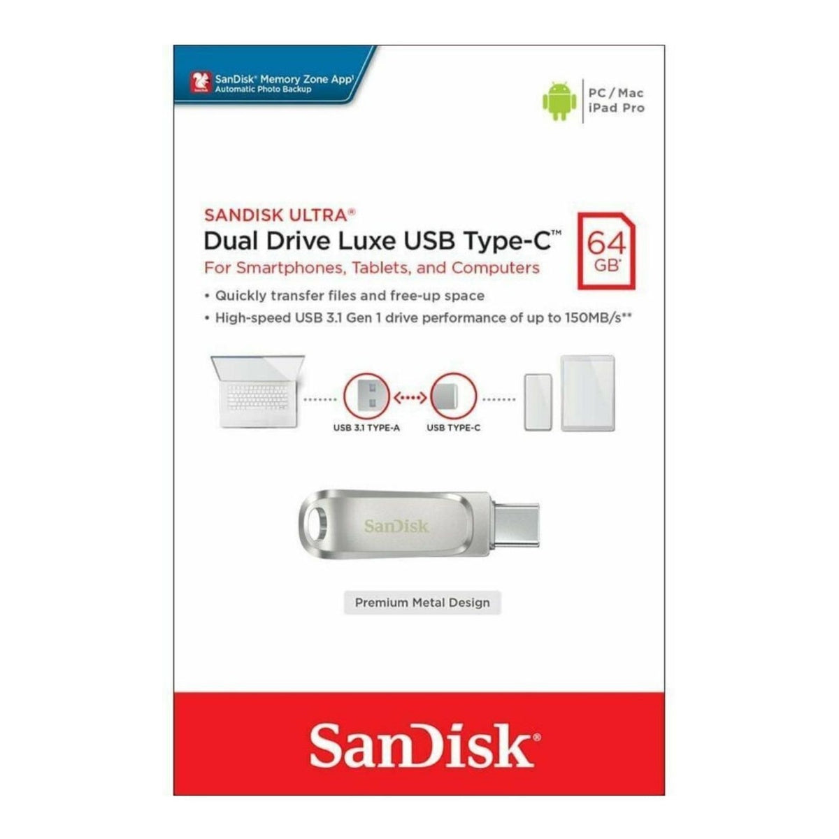 SanDisk Ultra Luxe Dual Drive 64GB USB 3.1 Flash Drive Type C Type A USB-C OTG