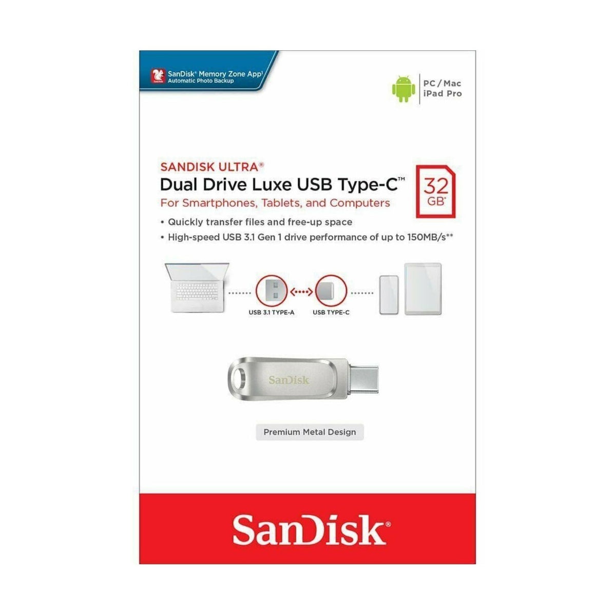 SanDisk Ultra Luxe Dual Drive 32GB USB 3.1 Flash Drive Type C Type A USB-C OTG