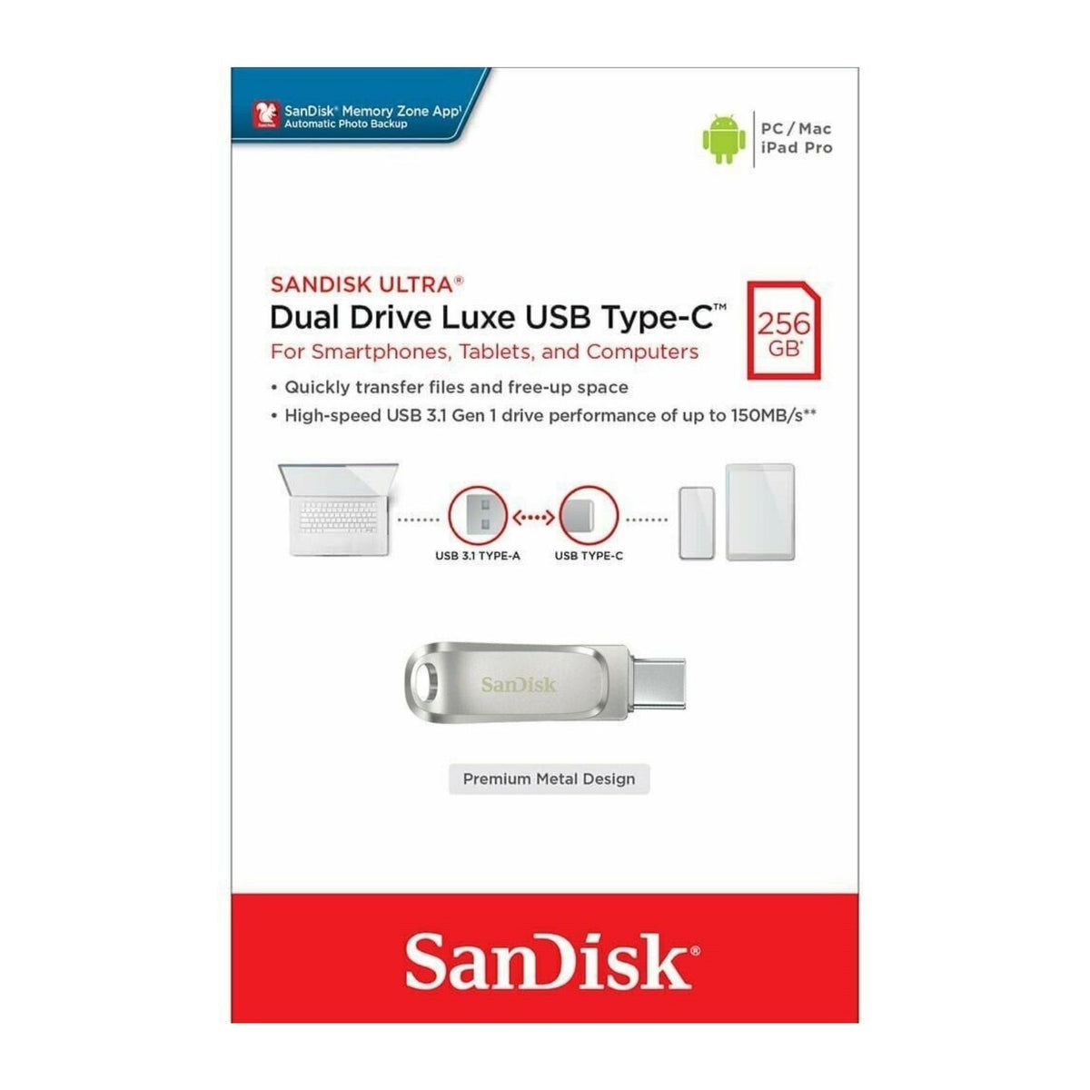 SanDisk Ultra Luxe Dual Drive 256GB USB 3.1 Flash Drive Type C Type A USB-C OTG
