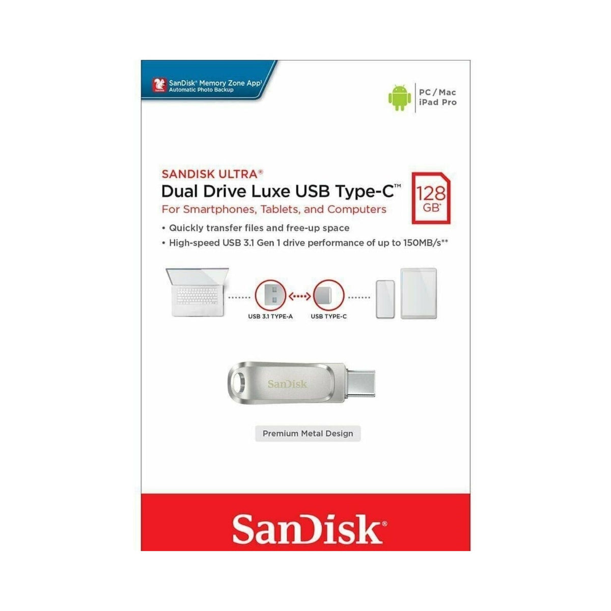 SanDisk Ultra Luxe Dual Drive 128GB USB 3.1 Flash Drive Type C Type A USB-C OTG