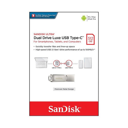 SanDisk Ultra Luxe Dual Drive 512GB USB 3.1 Flash Drive Type C Type A USB-C OTG