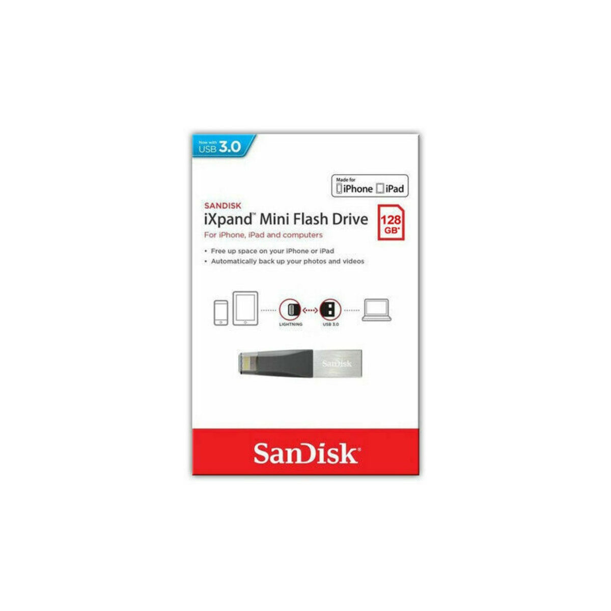 SanDisk iXpand Mini 128GB USB 3.0 Lightning Flash Drive iPhone iPad PC OTG Pen