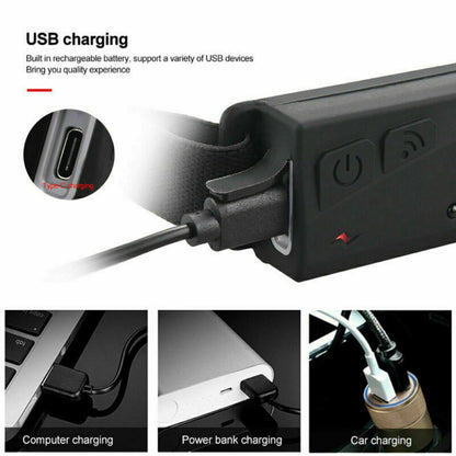 LED Motion Sensor Head Torch Lamp Headlight USB Rechargeable Headlamp Waterproof