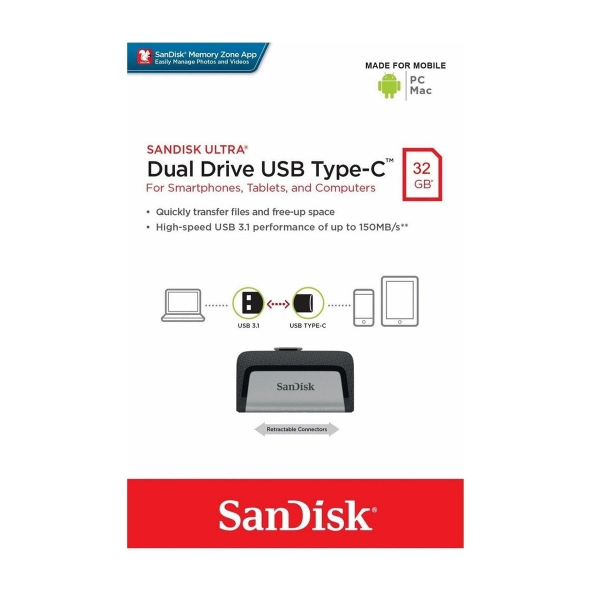 SanDisk Ultra Dual 32GB USB 3.1 Flash Drive Type C Smartphone Tablet PC OTG