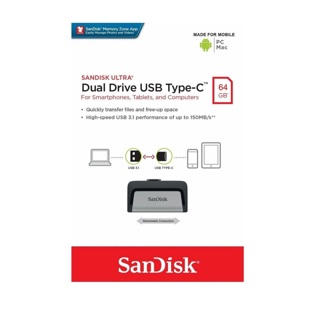 SanDisk Ultra Dual 64GB USB 3.1 Flash Drive Type C Smartphone Tablet PC OTG