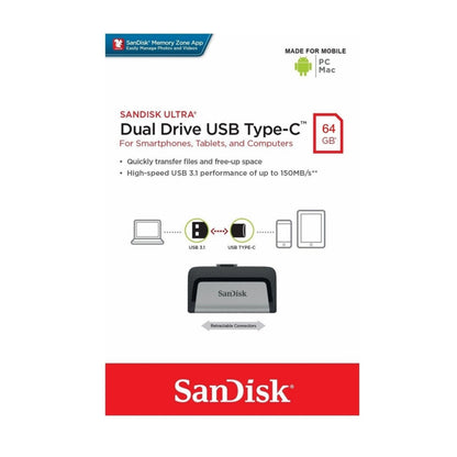 SanDisk Ultra Dual 64GB USB 3.1 Flash Drive Type C Smartphone Tablet PC OTG