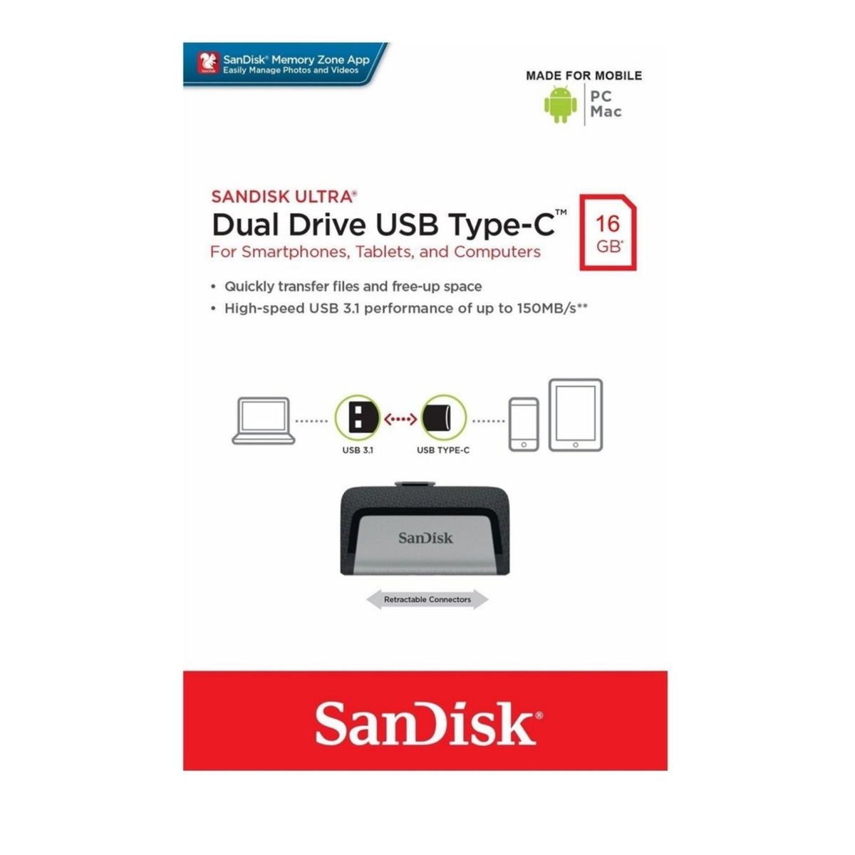 SanDisk Ultra Dual 16GB USB 3.1 Flash Drive Type C Smartphone Tablet PC OTG