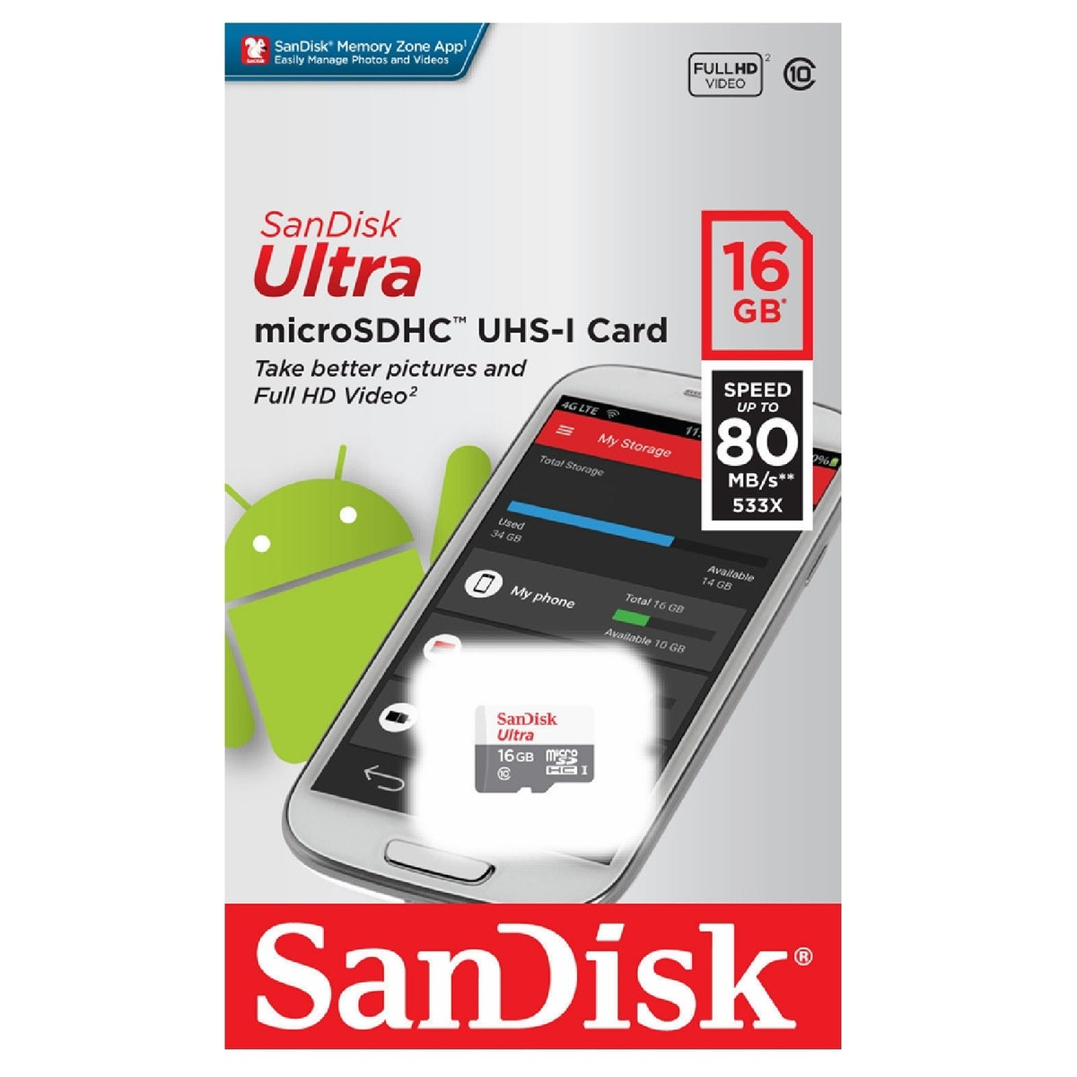 SanDisk Ultra 16GB Micro SD SDHC Card 80MB/S Mobile Tablet Memory Card Full HD