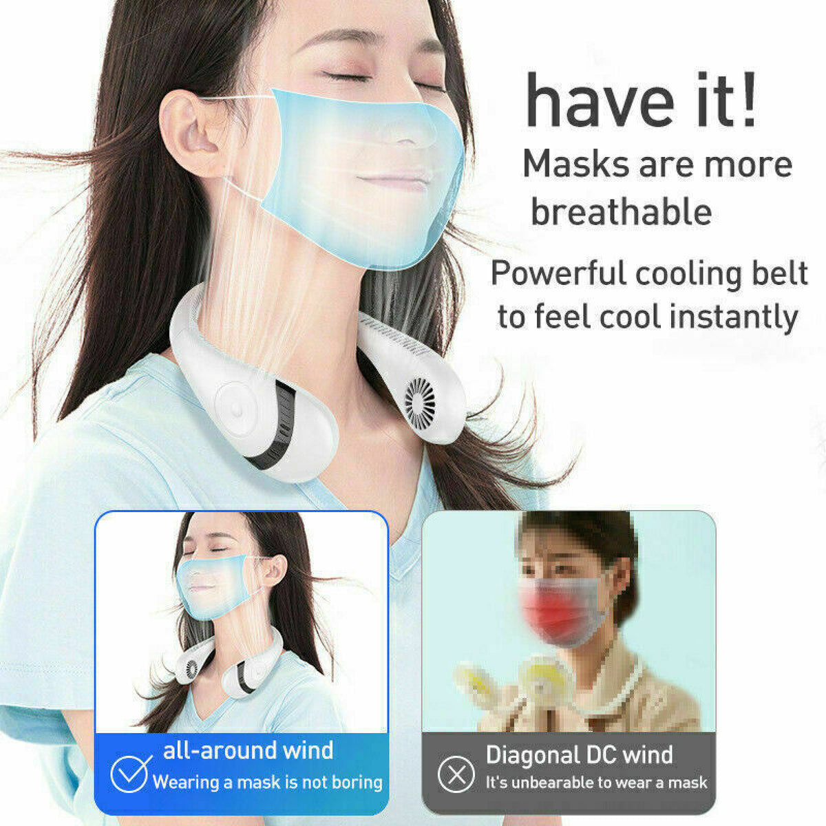 Portable Mini Bladeless Leafless Neck Fan Hanging Air Cooler USB Rechargeable