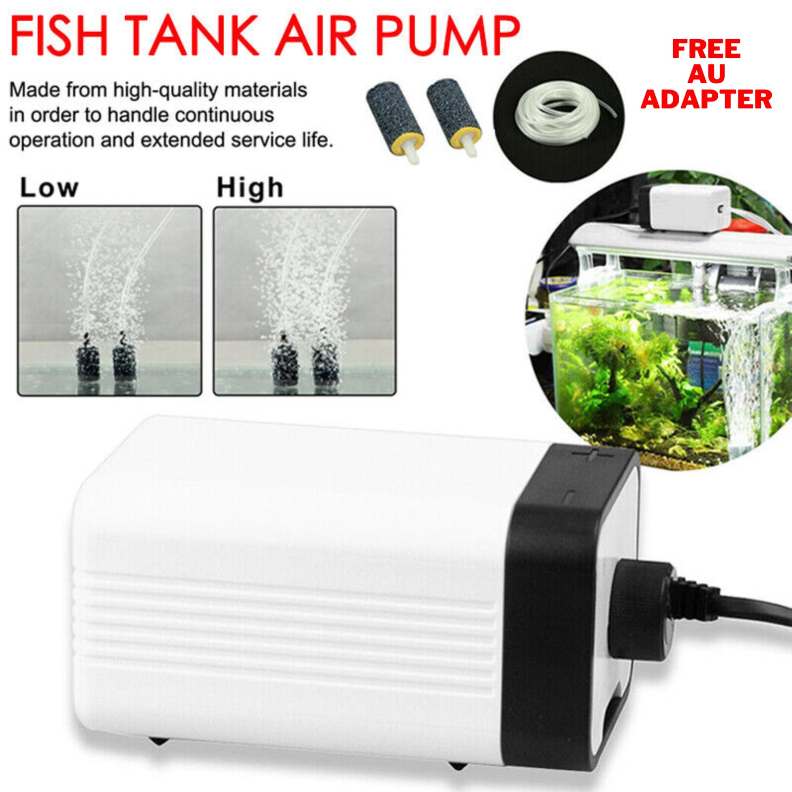 Oxygen Air Pump Aqua Fish Tank Aquarium Pond Bubble Disk Stone Aerator 2 Outlets